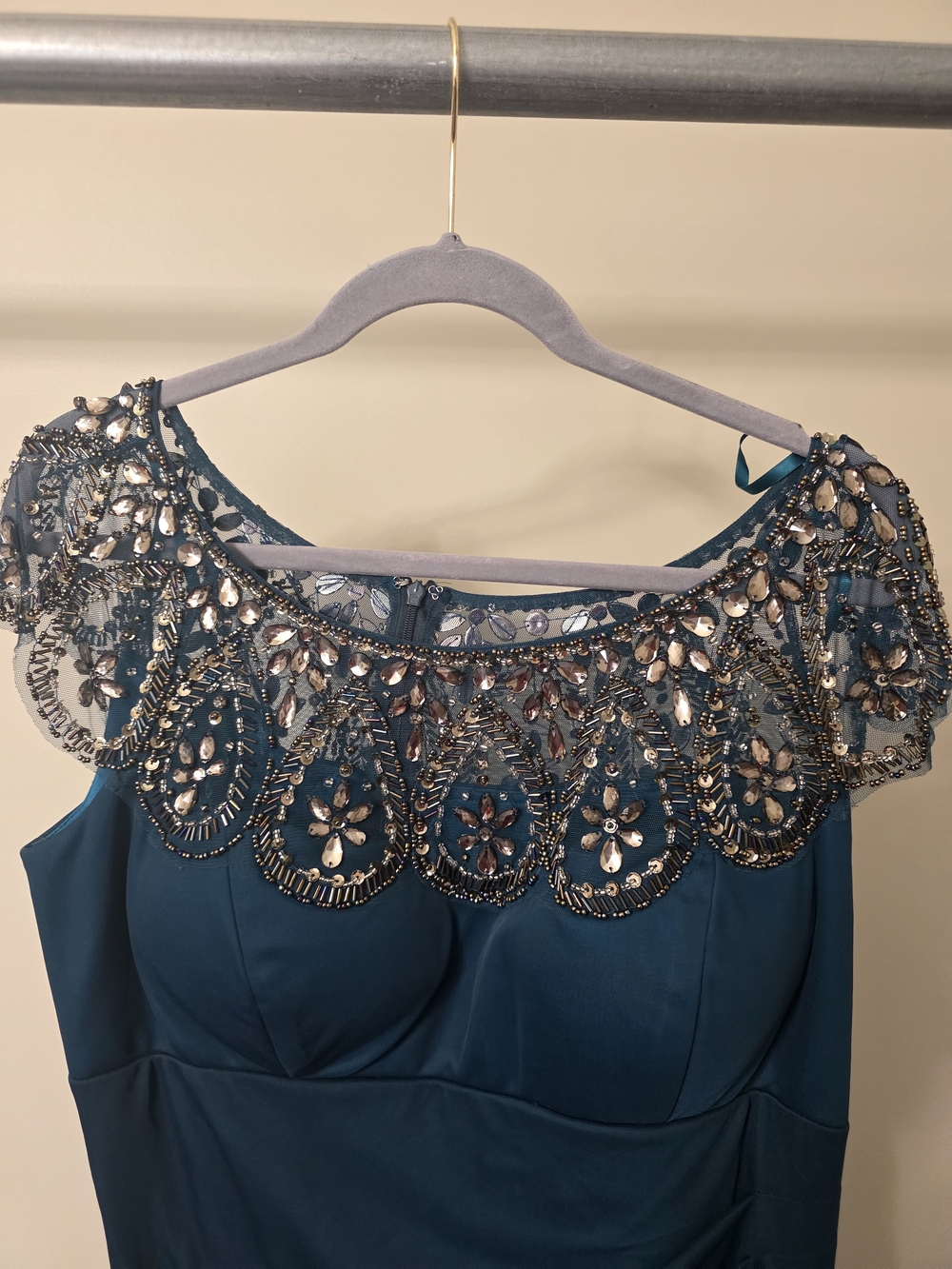 XSCAPE 16W Teal Beaded Embellished Formal Evening Cocktail Midi Dress NWT - Picture 3 of 6
